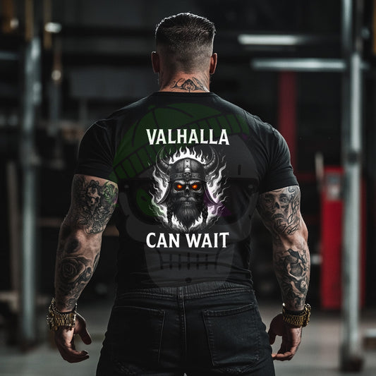 Valhalla Can Wait Viking Skull Shirt | Norse Graphic Tee with Sleeve Flames | Black Unisex Shirt M L XL | Warrior Streetwear Tee